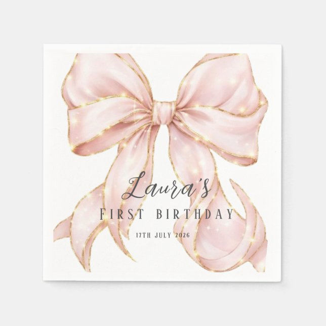 Servilleta De Papel Pink Bow Girl First Birthday Party  (Anverso)