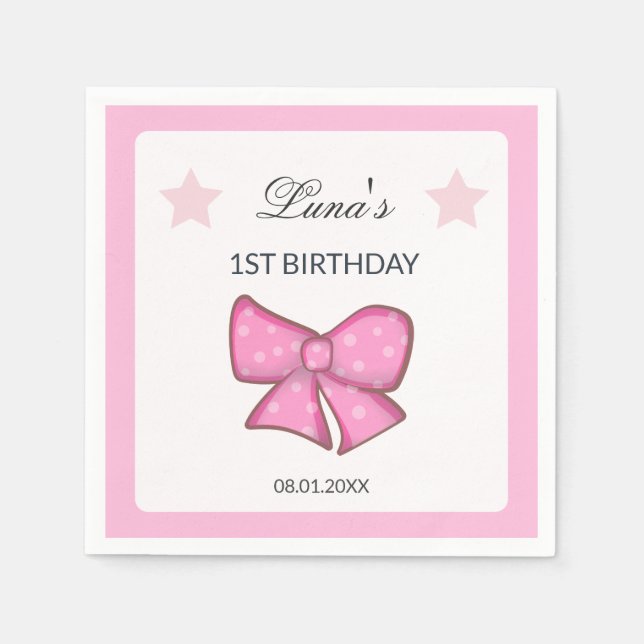 Servilleta De Papel Pink Bow Girl Kids 1st Birthday  (Anverso)