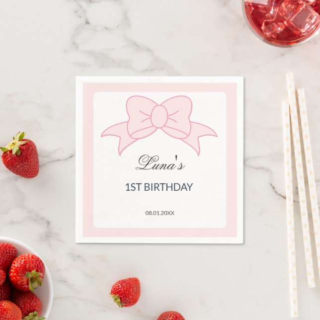 Servilleta De Papel Pink Bow Girl Kids 1st Birthday  (In situ)