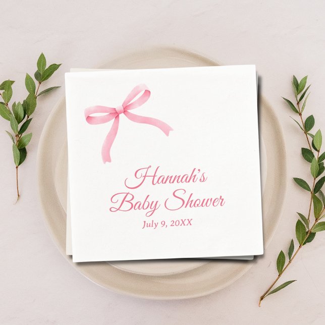 Servilleta De Papel Pink Bow Guión Personalizado Baby Shower Napkins (Pink bow personalized baby shower napkins)