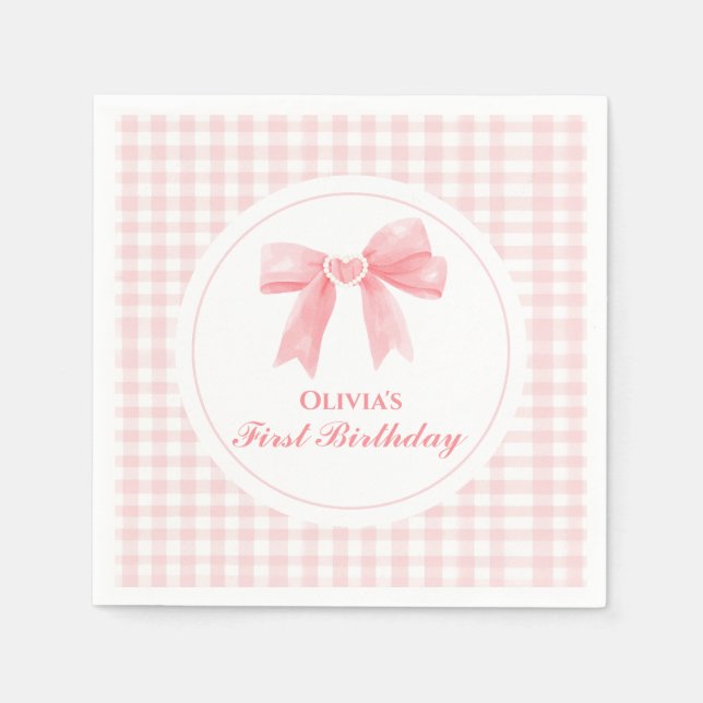 Servilleta De Papel Pink Bow preppy Coquette primer cumpleaños (Anverso)