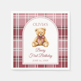 Servilleta De Papel Pink Bow Preppy Teddy Bear 1st Birthday