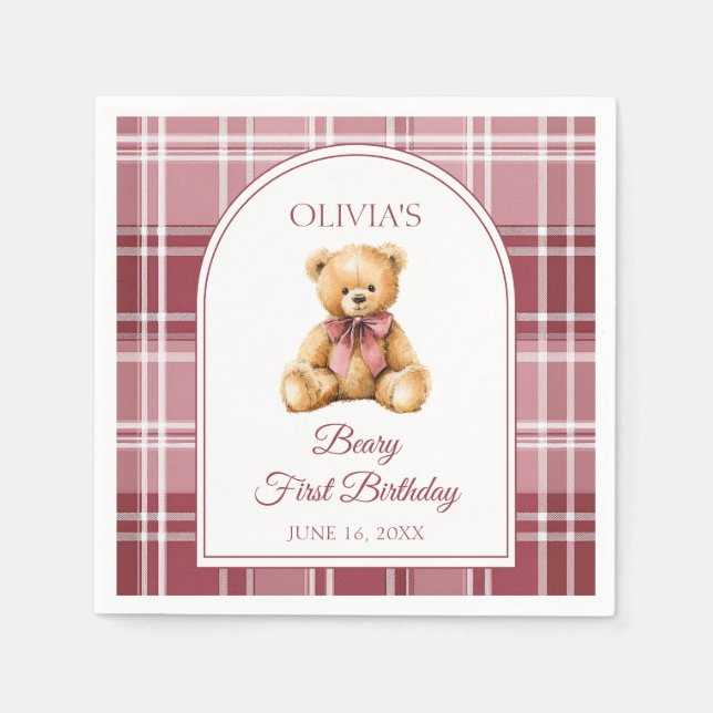 Servilleta De Papel Pink Bow Preppy Teddy Bear 1st Birthday (Anverso)