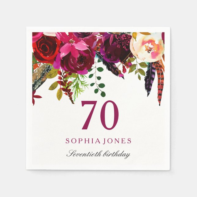 Servilleta De Papel Pink & Burgundy Boho Floral 70 cumpleaños (Anverso)