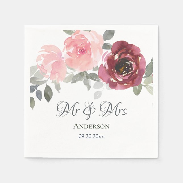 Servilleta De Papel Pink Burgundy Gray Floral Mr & Mrs Boda (Anverso)