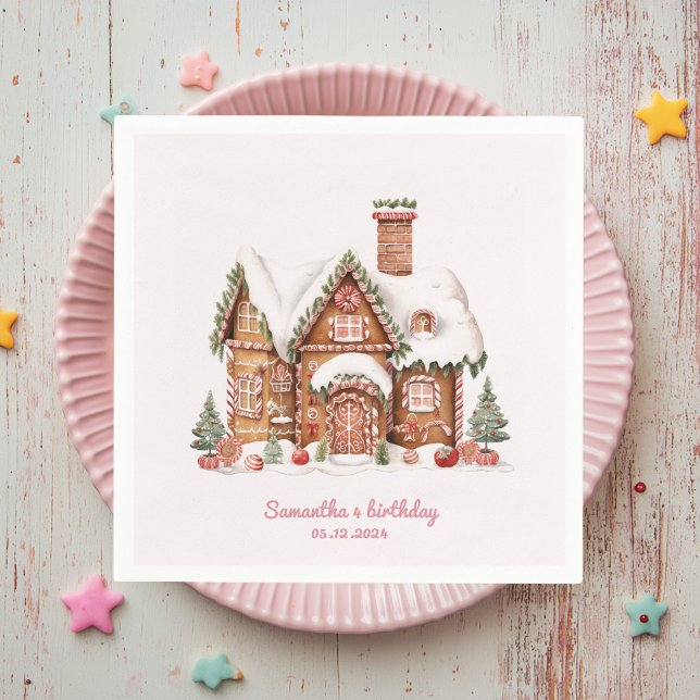 Servilleta De Papel "Pink Candy Gingerbread House Cumpleaños (Subido por el creador)