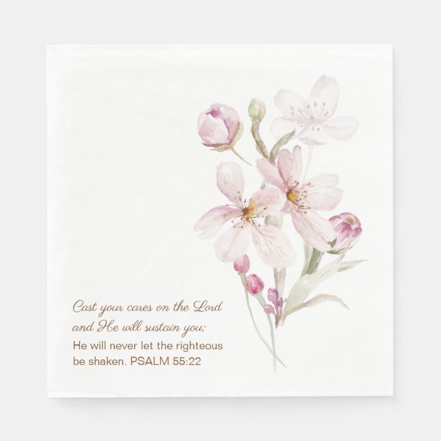 Servilleta De Papel Pink Cherry Blossoms Psalm 55:22 (Anverso)
