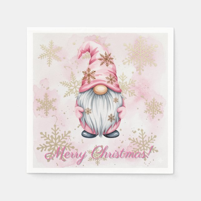 Servilleta De Papel Pink Christmas Gnome Gold Snowflakes (Anverso)