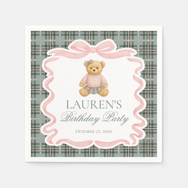 Servilleta De Papel Pink Coquette Bow Bear Tartan Plaid Birthday (Anverso)