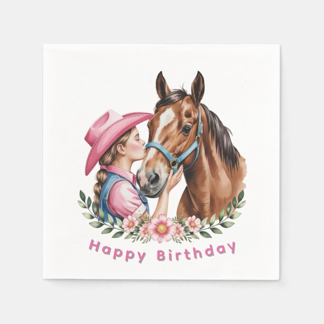 Servilleta De Papel Pink Cowgirl Kissing a Horse Birthday Party (Anverso)