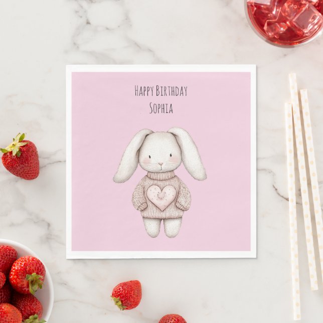 Servilleta De Papel Pink Cute Bunny Pink Sweater Heart Birthday (In situ)