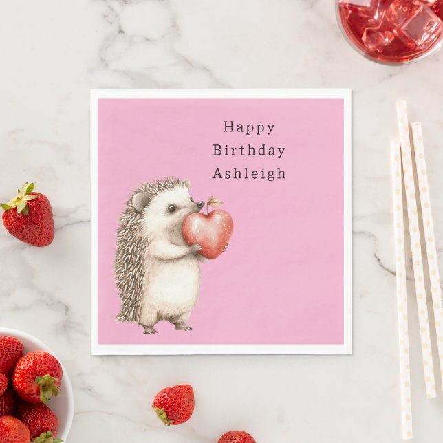 Servilleta De Papel Pink Cute Hedgehog Heart Animal Birthday (In situ)