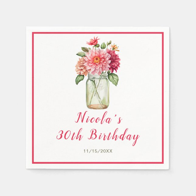 Servilleta De Papel Pink Dahlias Mason Jar Birthday Party (Anverso)
