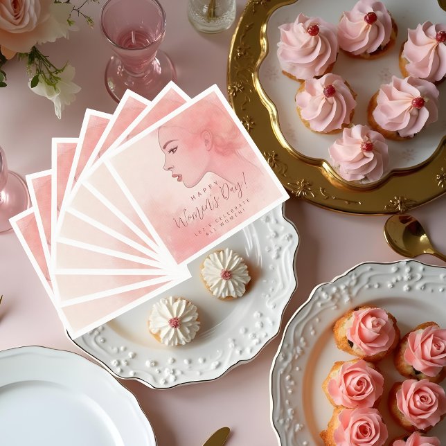 Servilleta De Papel Pink Delicate Minimalist Woman Happy Women's Day (Delicate Minimalist Woman in Pink Happy Women's Day Napkins. Let's Celebrate All Women Custom Quote.)