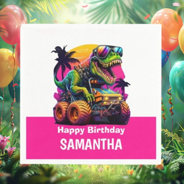 Servilleta De Papel PINK Dino-Mite MONSTER TRUCK Fiesta de cumpleaños (Throw an unforgettable birthday bash with our PINK Dino-Mite MONSTER TRUCK napkins! )