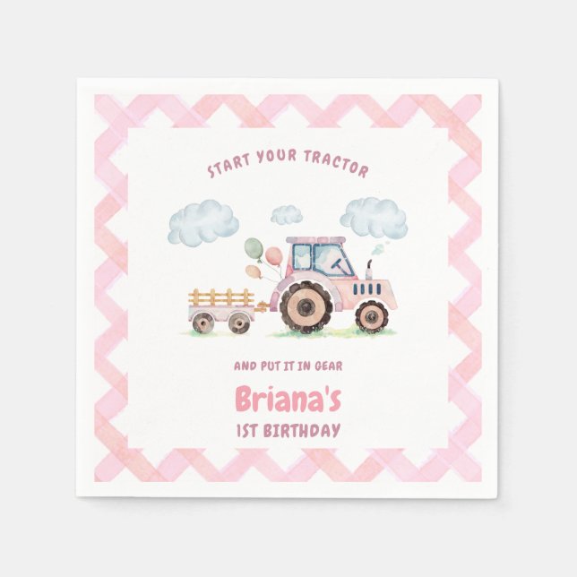 Servilleta De Papel Pink Farm Tractor Girl Any Age Birthday (Anverso)