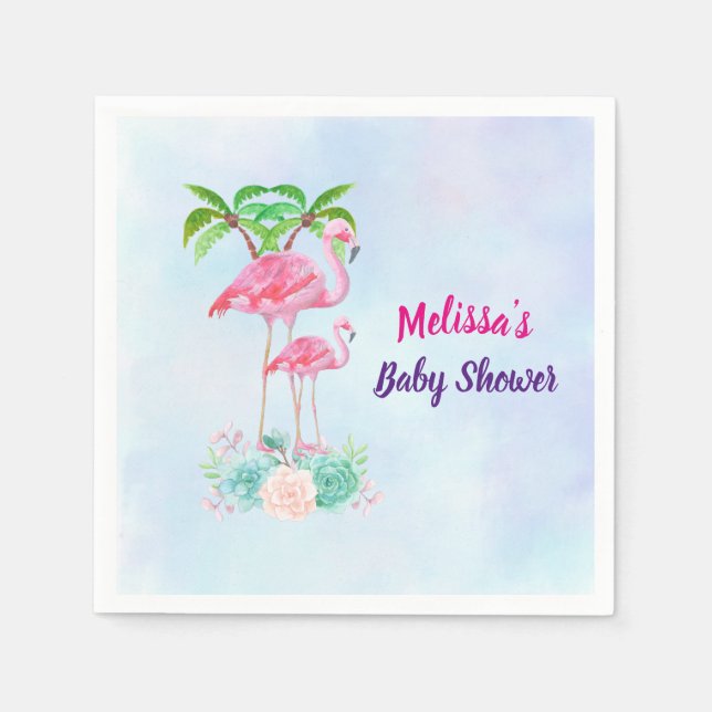 Servilleta De Papel Pink Flamingo Momma & Baby with Palm Trete (Anverso)