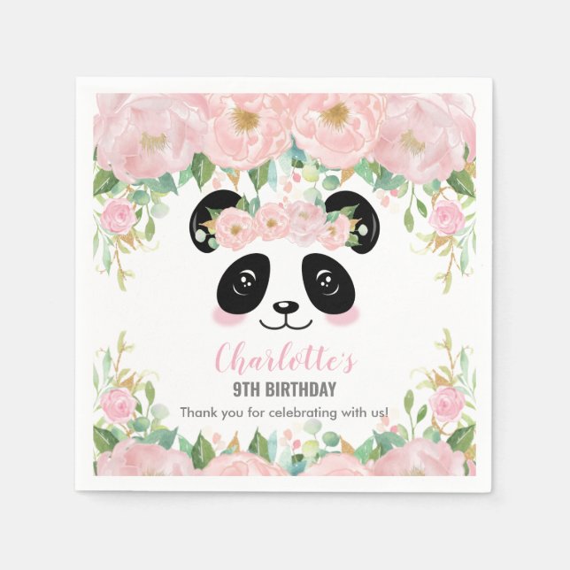 Servilleta De Papel Pink Floral Cute Panda Nacimiento Fiesta (Anverso)