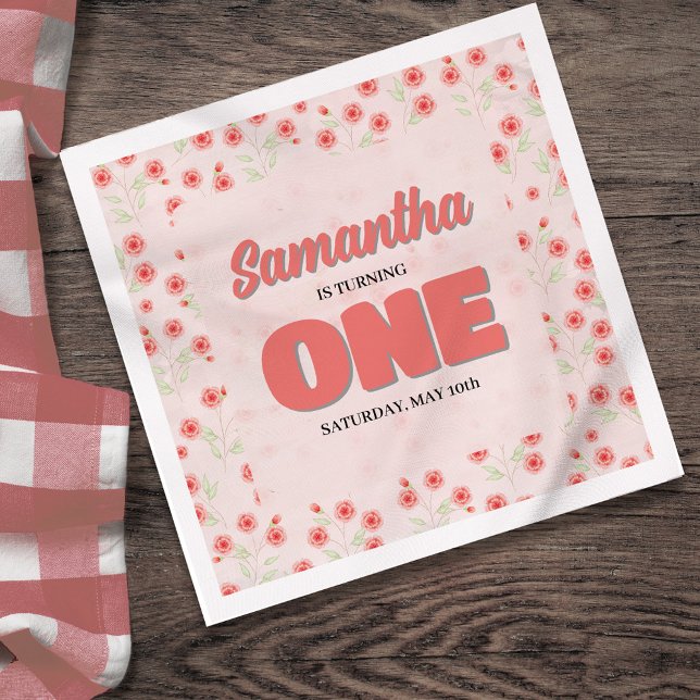 Servilleta De Papel Pink Floral First Birthday Girl Custom Party (First Birthday party custom paper napkin template. )