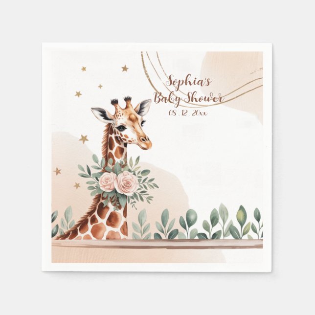 Servilleta De Papel Pink Floral Girafa Safari Baby Shower (Anverso)