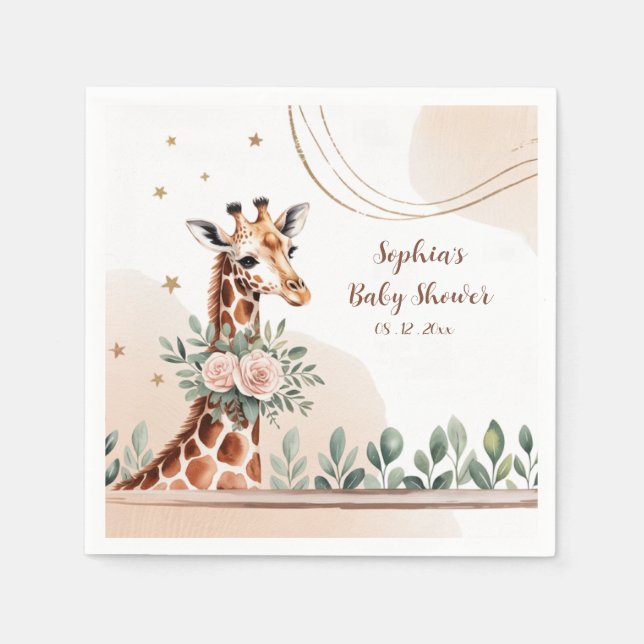 Servilleta De Papel Pink Floral Girafa Safari Baby Shower (Anverso)