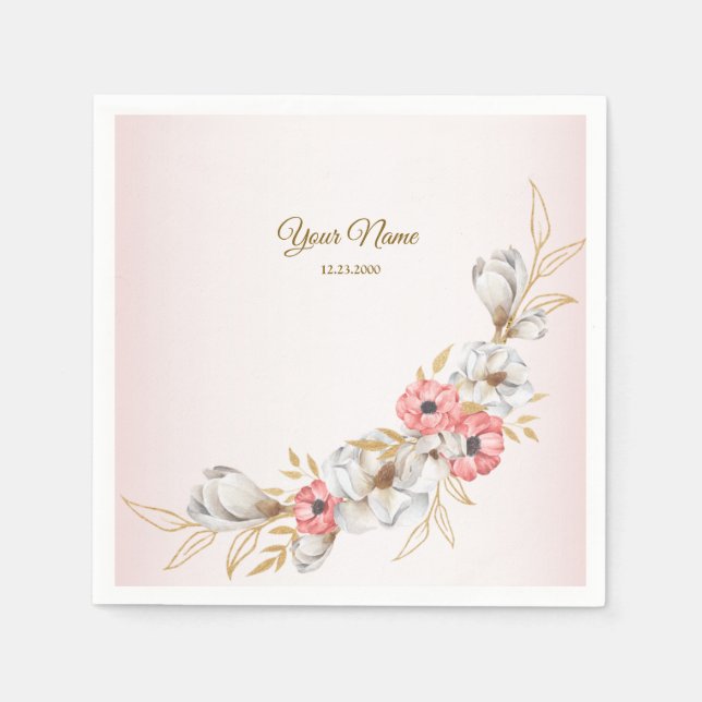 Servilleta De Papel Pink Floral Golden Peach Modern Wedding Party (Anverso)