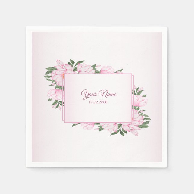 Servilleta De Papel Pink Floral Green Leaves Elegant Wedding Party (Anverso)