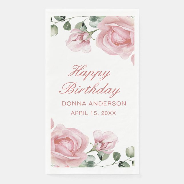 Servilleta De Papel Pink Floral Rose Birthday Party Plate (Anverso)