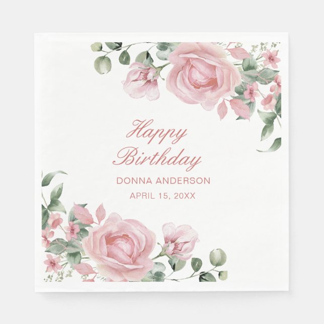 Servilleta De Papel Pink Floral Rose Birthday Party Plate (Anverso)