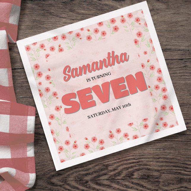 Servilleta De Papel Pink Floral Seventh Birthday Girl Custom Party (Pink floral retro style cocktail napkins)