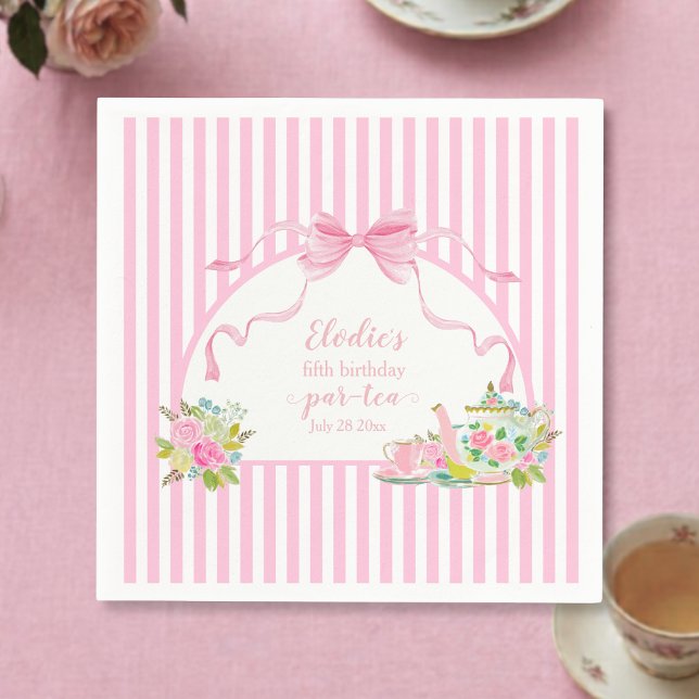 Servilleta De Papel Pink Floral Stripe Let's Par-tea Birthday (pink coquette bow floral stripe lets par-tea birthday party napkin)