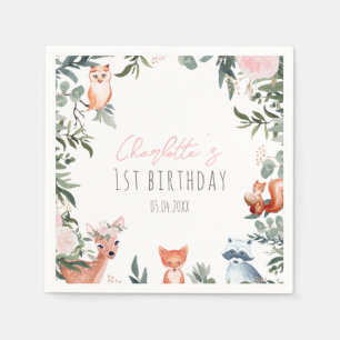 Servilleta De Papel Pink Floral Woodland Animales Napkins Cumpleaños