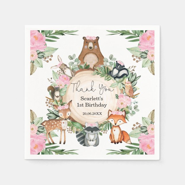 Servilleta De Papel Pink Floral Woodland Animals Baby Girl Cumpleaños (Anverso)