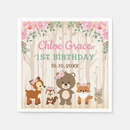 Servilleta De Papel Pink Floral Woodland Primer Chica de cumpleaños Ba