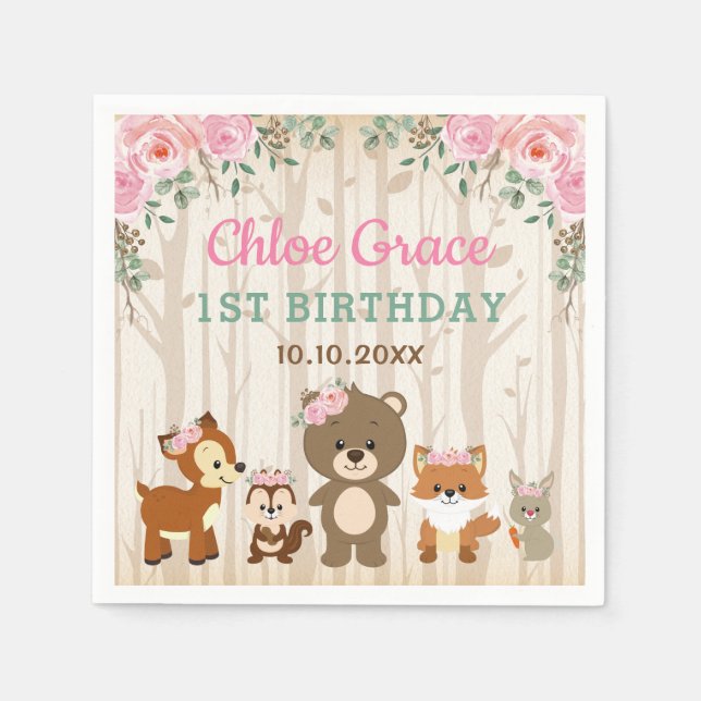 Servilleta De Papel Pink Floral Woodland Primer Chica de cumpleaños Ba (Anverso)