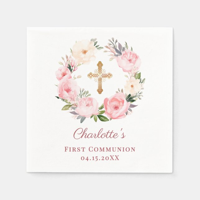 Servilleta De Papel Pink floral wreath girl First Communion (Anverso)