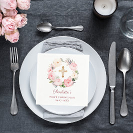 Servilleta De Papel Pink floral wreath girl First Communion