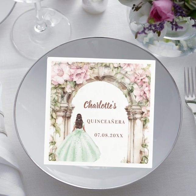 Servilleta De Papel Pink florals arch green dress Quinceanera luncheon (Subido por el creador)