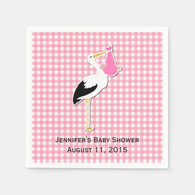 Servilleta De Papel Pink Gingham and Stork Baby Shower Paper Napkins (Anverso)