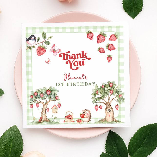 Servilleta De Papel Pink Gingham Berry First Strawberry 1st Birthday (Subido por el creador)