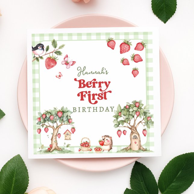 Servilleta De Papel Pink Gingham Berry First Strawberry 1st Birthday (Subido por el creador)