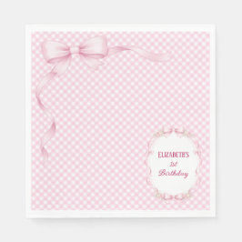 Servilleta De Papel Pink Gingham Bow First Birthday Napkins