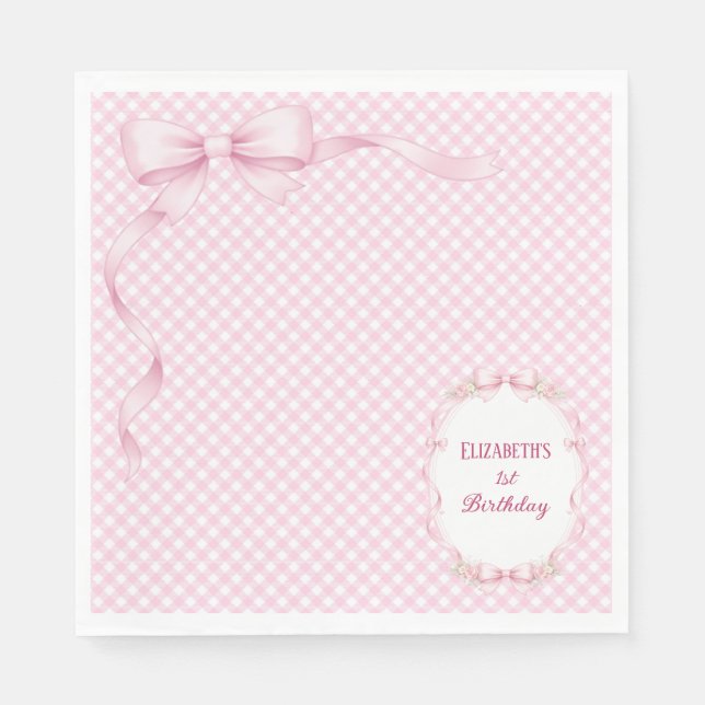 Servilleta De Papel Pink Gingham Bow First Birthday Napkins (Anverso)