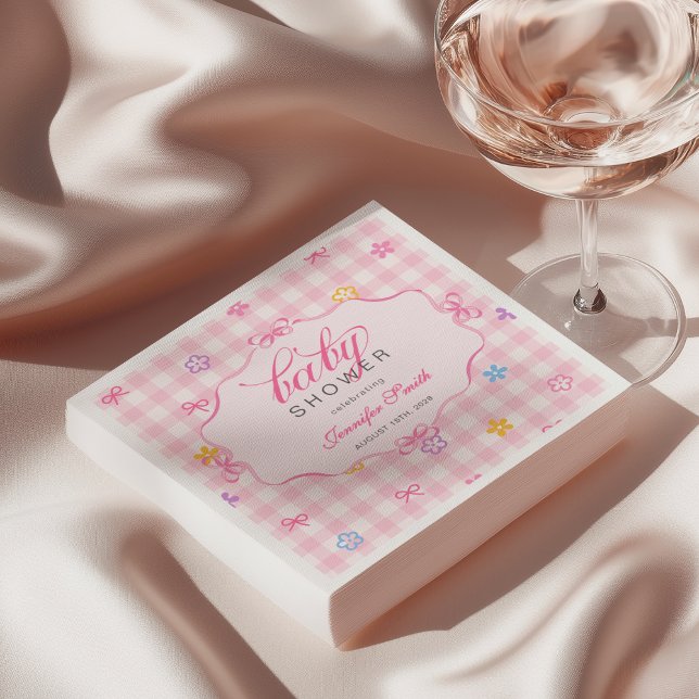 Servilleta De Papel Pink Gingham Floral Bow Baby Shower Napkins (Subido por el creador)