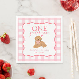 Servilleta De Papel Pink Gingham One Golden Year Doodle Puppy