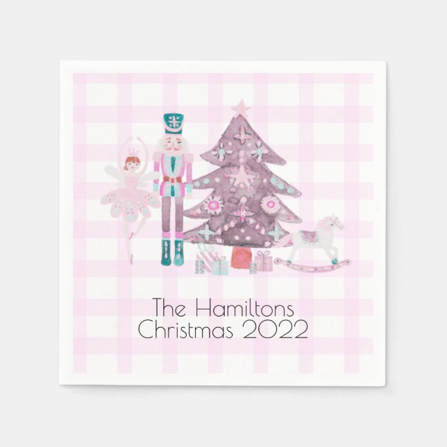 Servilleta De Papel Pink Gingham Personalizado Nutcracker (Anverso)