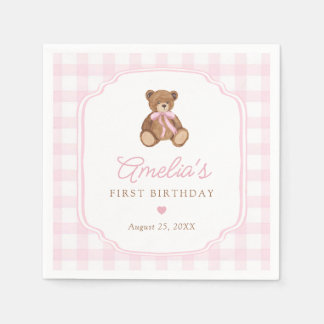 Servilleta De Papel Pink Gingham Teddy Bear Beary First Birthday
