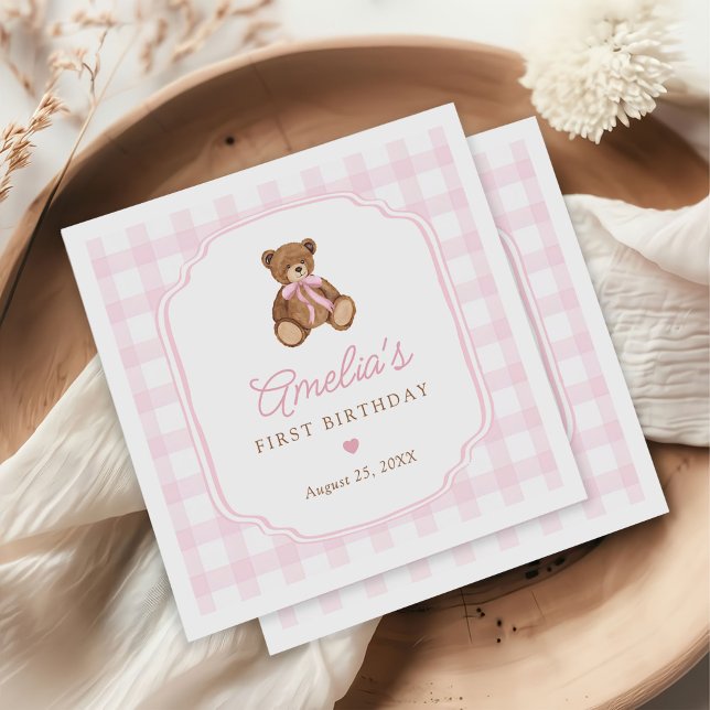 Servilleta De Papel Pink Gingham Teddy Bear Beary First Birthday (Subido por el creador)