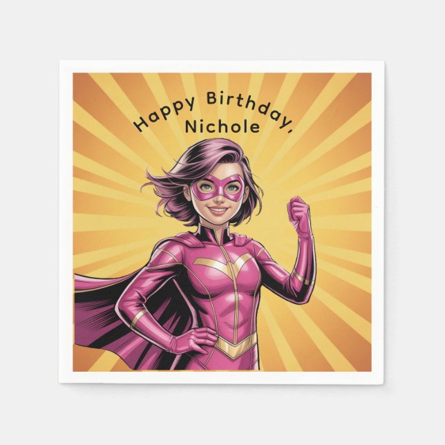 Servilleta De Papel Pink Girl Superhero Birthday Party (Anverso)