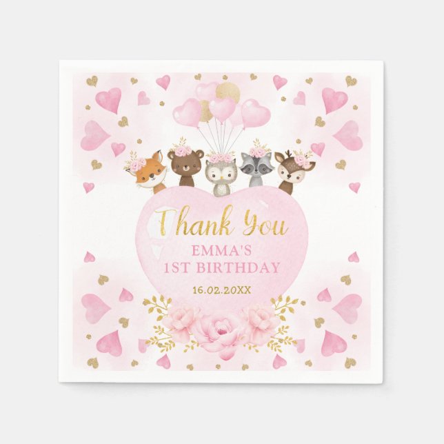 Servilleta De Papel Pink Gold Woodland Valentine Birthday (Anverso)